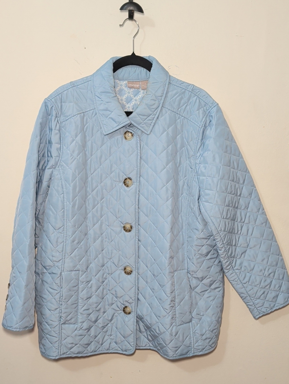 Chico's Lightweight Diamond-Quilted Coat Light Blue Button Front Women's 20-22